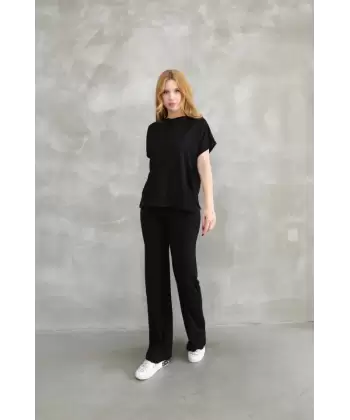 Osy Modal Yumuşak Dokulu Kumaş Bisiklet Yaka Kısa Kollu Takım - Siyah