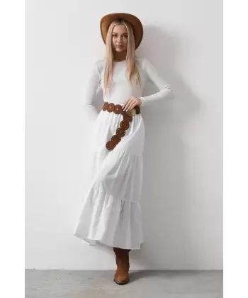 Pamuklu Beli Lastikli Etek - Beyaz