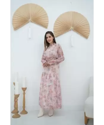 Pembe Şanzelize Çiçek Desenli Elbise