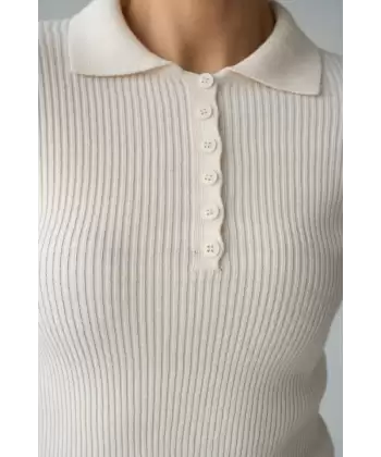 Polo Yaka 6 Düğmeli Kazak - Krem