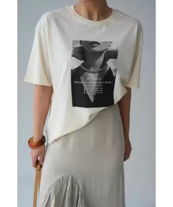 Resim Baskılı T-Shirt - Krem