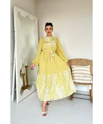 Sarı Çiçek Desenli Beli Kuşaklı Hakim Yaka Elbise