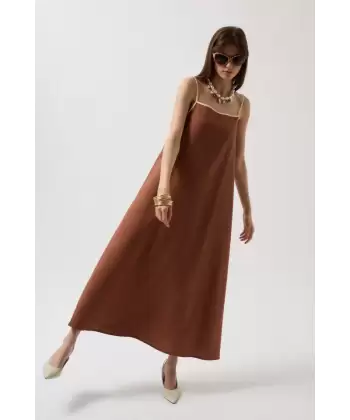 Şerit Detay Keten Maxi Elbise