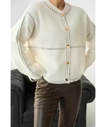 Şeritli Triko HIRKA - Krem-Siyah
