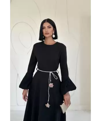 Haki Balon Kollu Kuşaklı Elbise