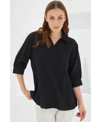 Siyah Gömlek Yaka Saten Bluz 0493