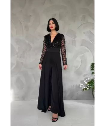 Siyah Kolları Tül Etekli Tulum