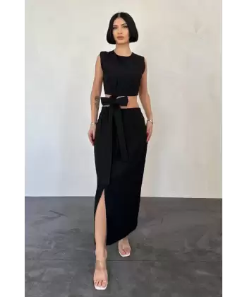 Turkuaz Kuşaklı Crop Ve Etek Takım