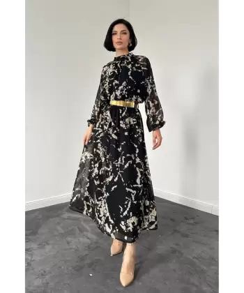 Siyah Reglan Kol Baskılı Elbise