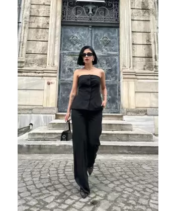 Siyah Straplez Düğmeli Crop Ve Pantolon Takım