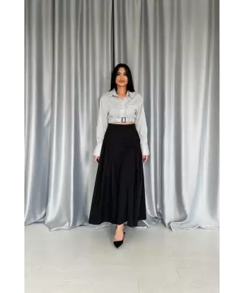Siyah Yanları Büzgülü Uzun Etek