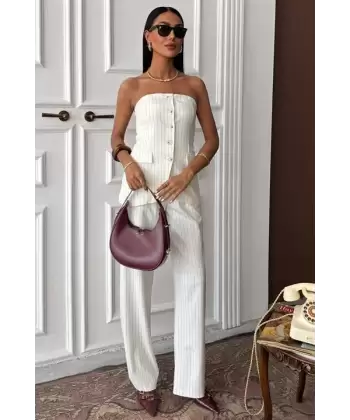 Straplez Büstiyerli Plazzo Pantolonlu Çizgili Takım 10151