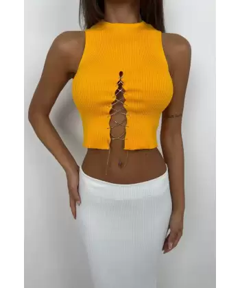 Taş Detay Dekolteli Crop Bluz