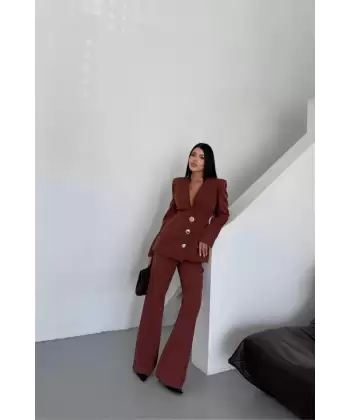 TASARIM CEKET-PANTOLON TAKIM METAL DÜĞME DETAYLI - Kahverengi
