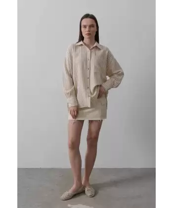 Tek Cep Çizgili Gömlek - Bej-Taba