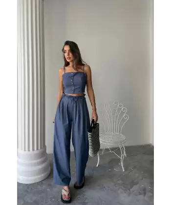 TENCEL CROP ASKILI BLUZ - ŞALVAR PANTOLON TK - İndigo