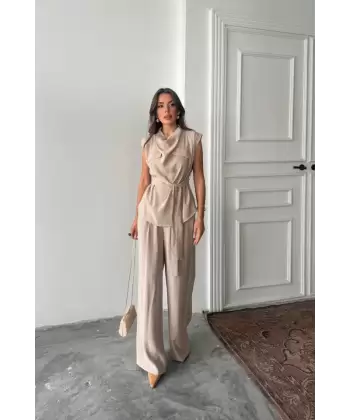 TENCEL MODAL KOLSUZ BLUZ KAPALI CEP DETAYLI DÖKÜMLÜ - PANTOLON TAKIM - Yağ Yeşili