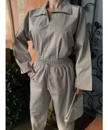 Uzun Kollu Yakalı Gömlek Pantalon Takım- Gri