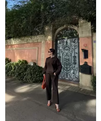 Uzun Kollu Yakalı Gömlek Pantalon Takım- Kahverengi