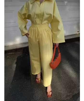 Uzun Kollu Yakalı Gömlek Pantalon Takım- Sarı