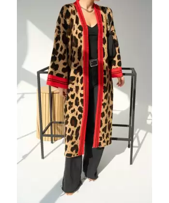 Uzun Leopar Hırka - Camel-Mavi