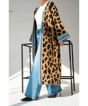Uzun Leopar Hırka - Camel-Mavi