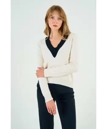 V Yaka Triko Kazak - Siyah-Krem