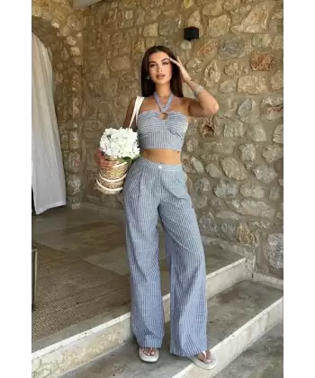 Vesna Keten Çizgili Crop Takım 9806-0025