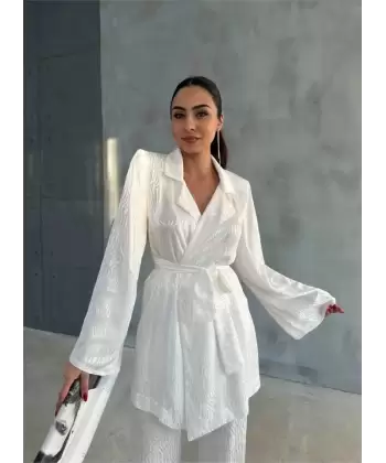 VİSKON JAKARLI BAĞLAMALI GÖMLEK - PANTOLON TAKIM - Beyaz