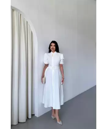 YAKA DÜĞME DETAYLI ELBİSE - Beyaz