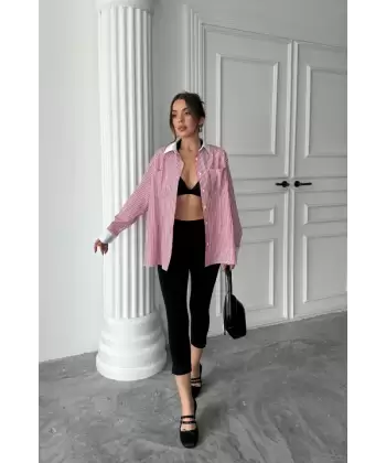 YAKA VE MANŞET BEYAZ  BOYFRİEND ÇİZGİLİ  POPLİN GÖMLEK - Pembe
