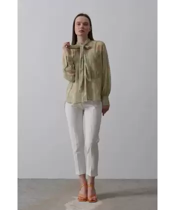 Yakası Fularlı Şifon Gömlek - Fıstık Yeşili