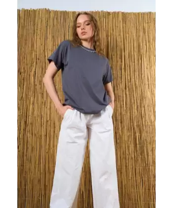 Yakası Taşlı Tshirt - Füme