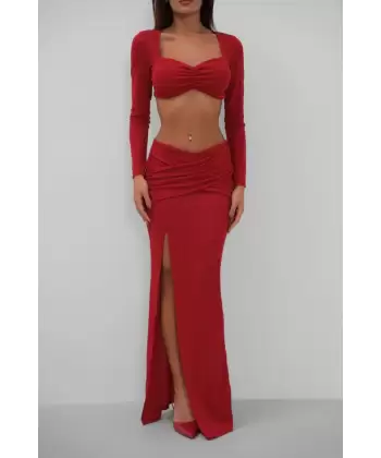 Yırtmaçlı Etek Ve Crop Bluz Takım