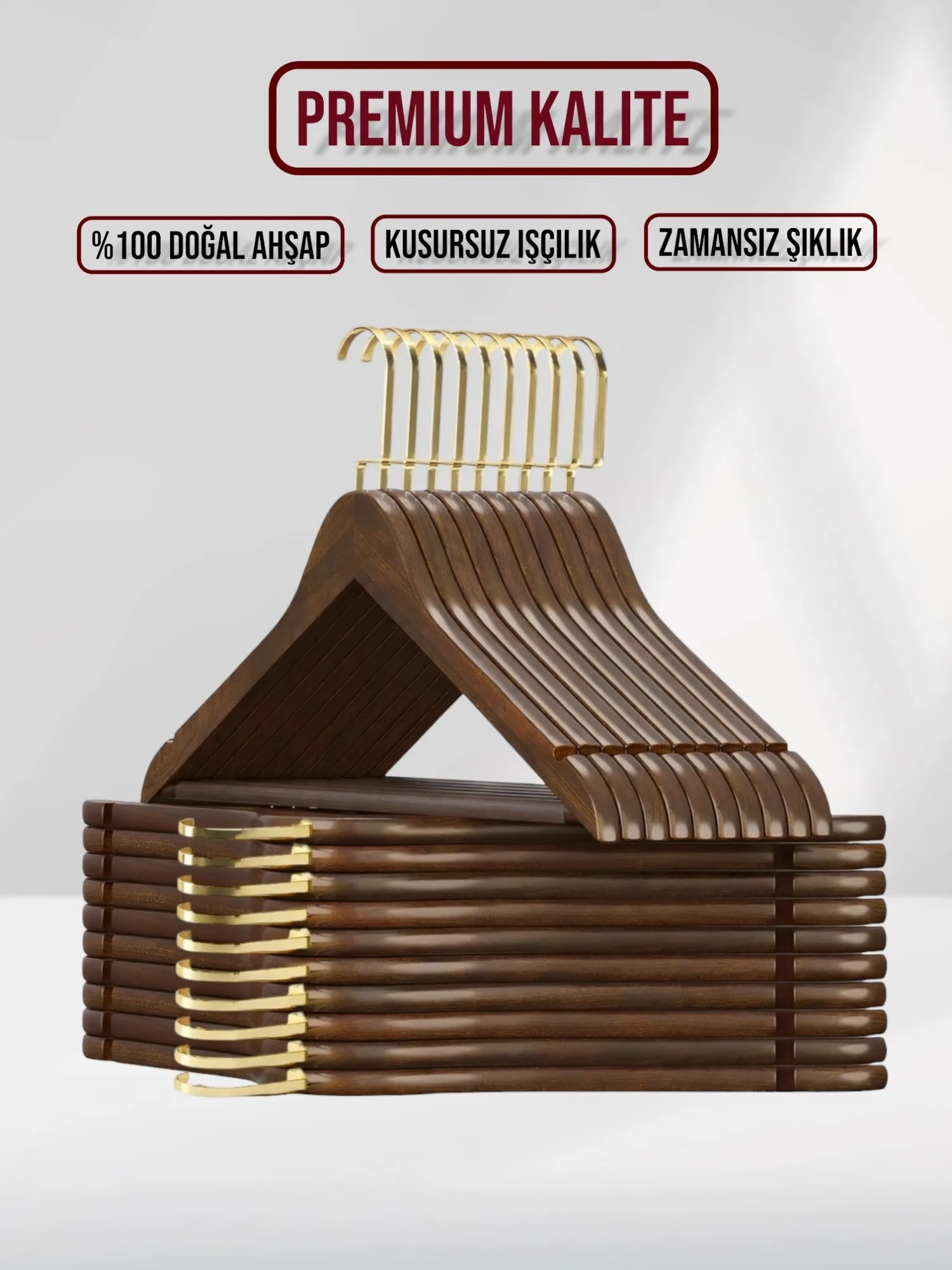 Ceviz Ahşap Gold Lama Kancalı Elbise Pantolon Askısı