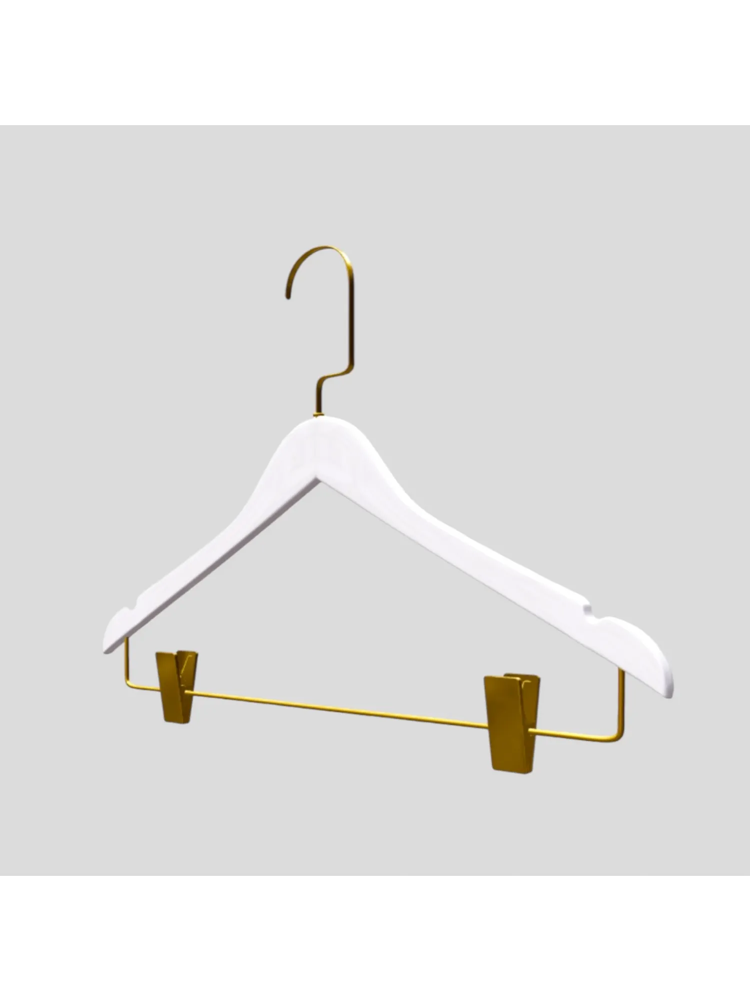 Beyaz Ahşap Gold Lama Kancalı Maşalı Elbise Pantolon Askısı