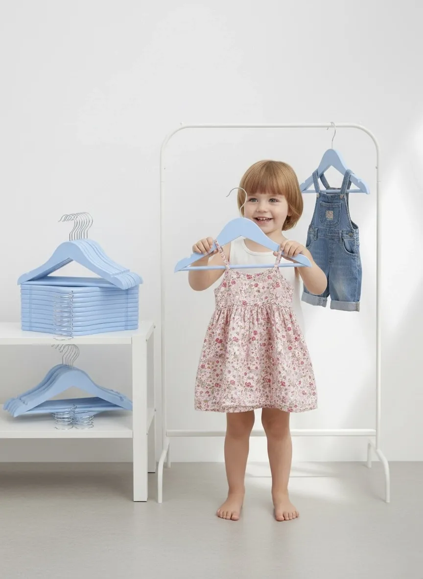 Mavi Ahşap Bebek Elbise Pantolon Askısı