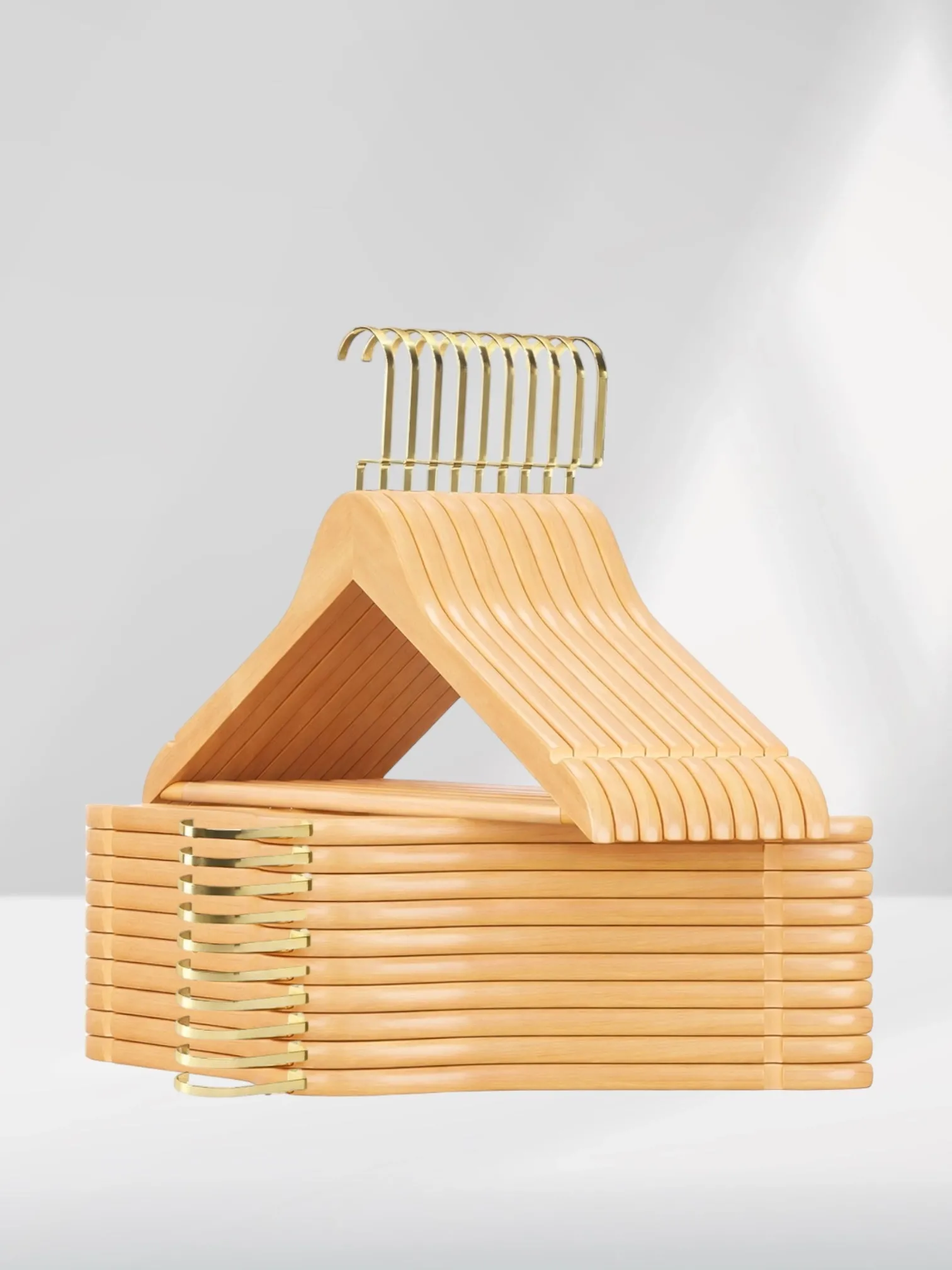 Naturel Ahşap Gold Lama Kancalı Elbise Pantolon Askısı