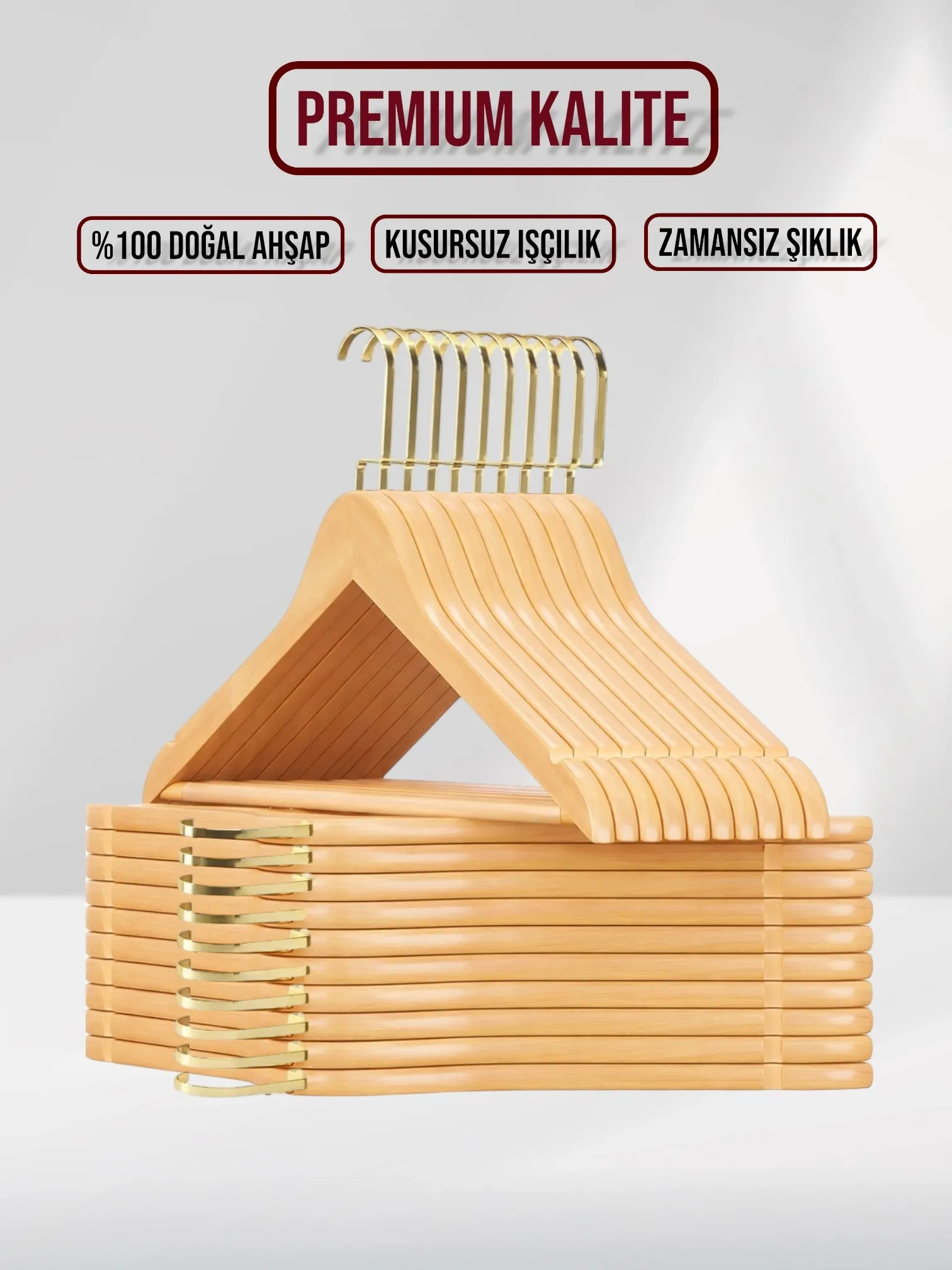 Naturel Ahşap Gold Lama Kancalı Elbise Pantolon Askısı