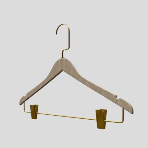 Naturel Ahşap Gold Lama Kancalı Maşalı Elbise Pantolon Askısı