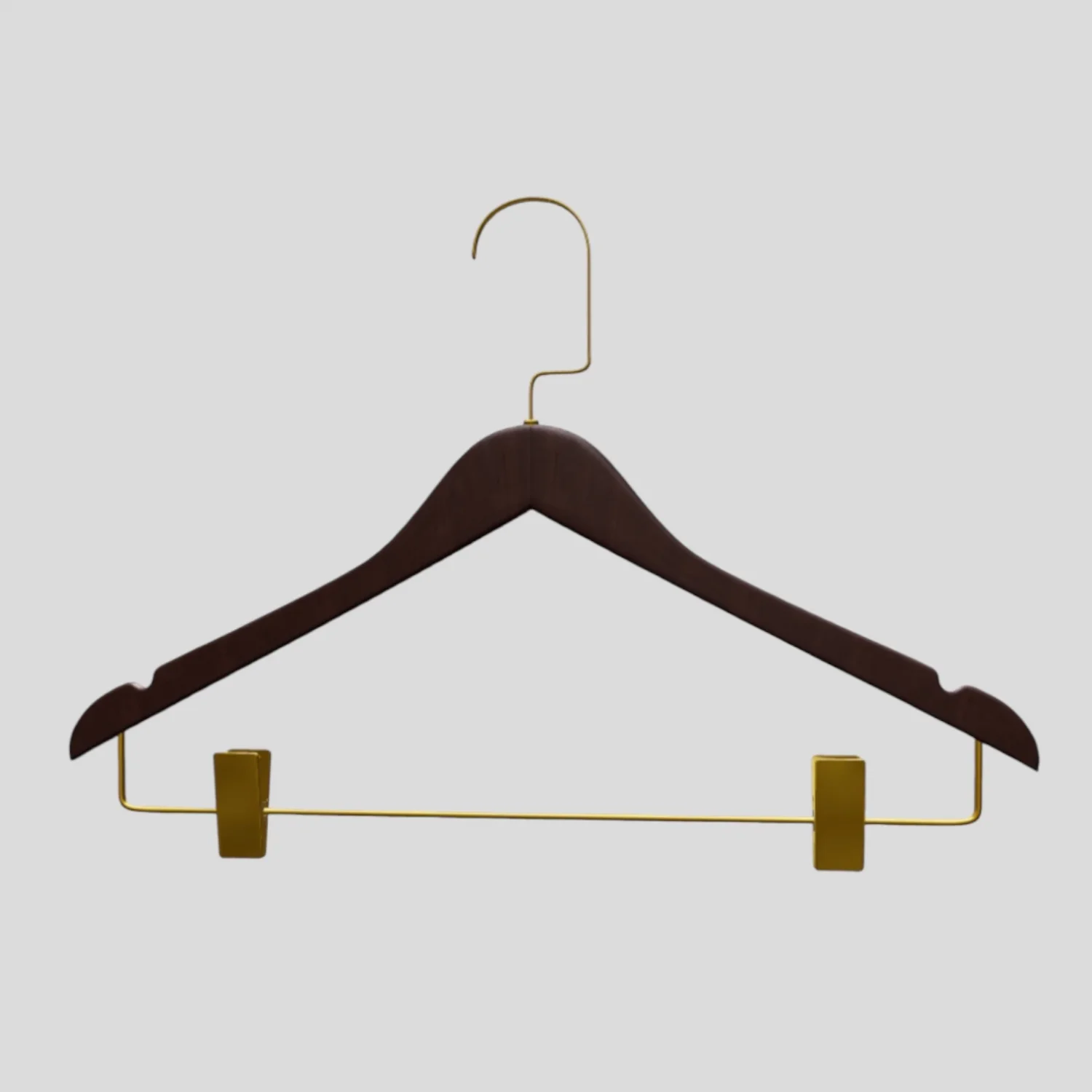 Ceviz Ahşap Gold Lama Kancalı Maşalı Elbise Pantolon Askısı