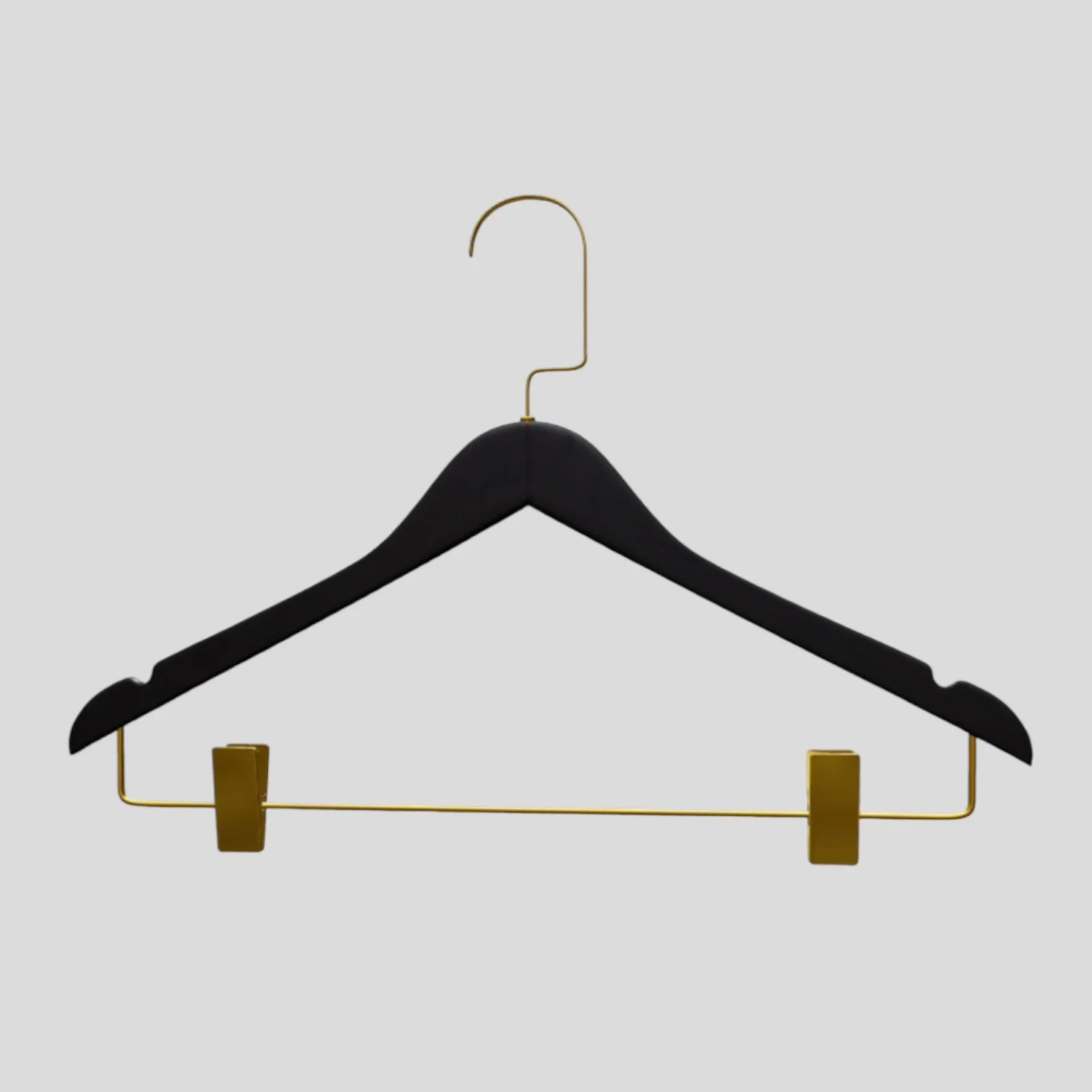 Siyah Ahşap Gold Lama Kancalı Maşalı Elbise Pantolon Askısı