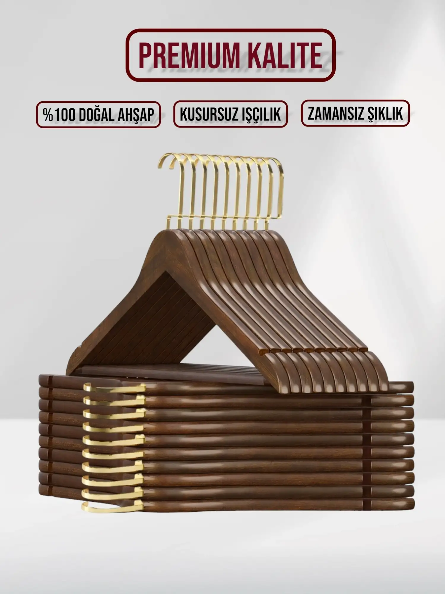 Ceviz Ahşap Gold Lama Kancalı Elbise Pantolon Askısı