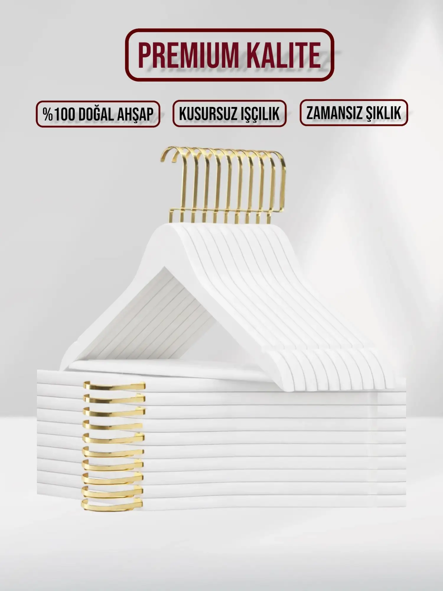 Beyaz Ahşap Gold Lama Kancalı Elbise Pantolon Askısı