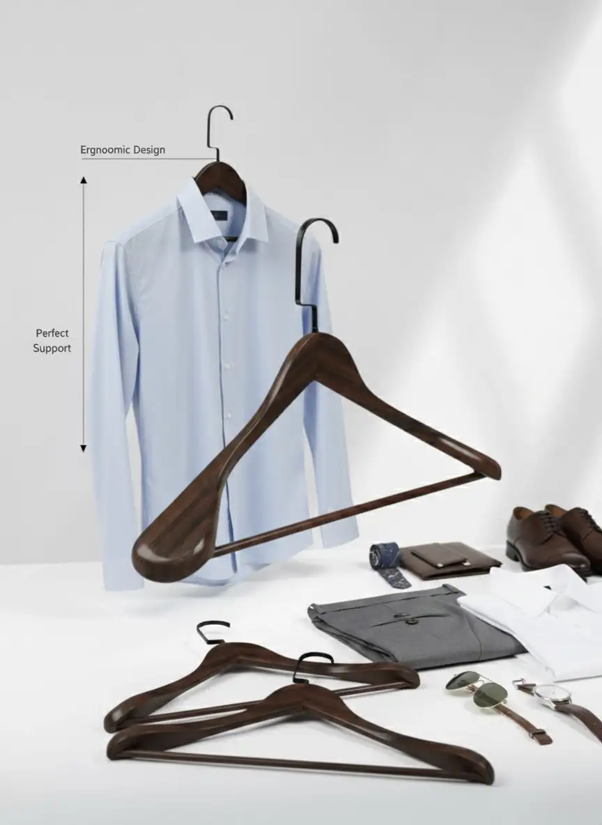 Ceviz Ahşap Siyah Lama Kancalı Pabuçlu Takım Elbise Askısı