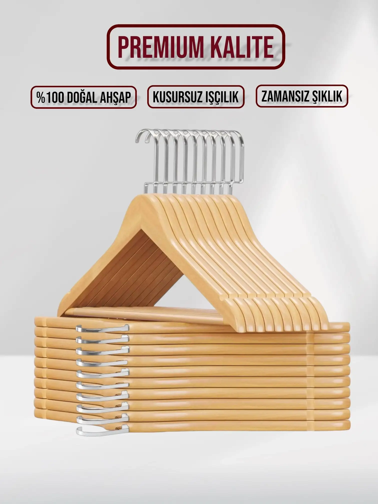 Naturel Ahşap Nikel Lama Kancalı Elbise Pantolon Askısı