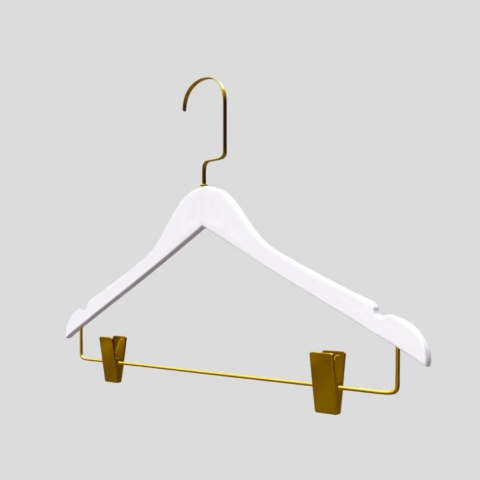 Beyaz Ahşap Gold Lama Kancalı Maşalı Elbise Pantolon Askısı