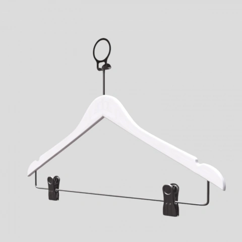 Beyaz Ahşap Otel Elbise Pantolon Askısı Mandallı