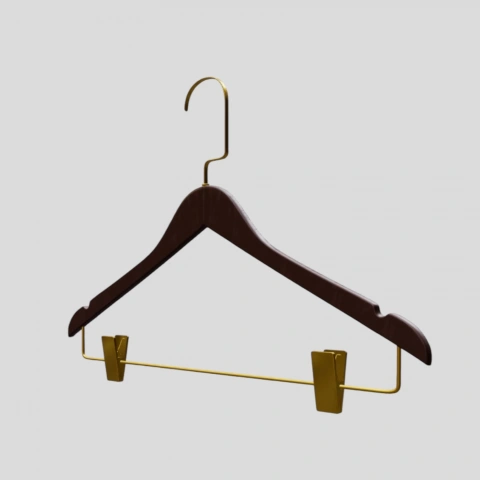 Ceviz Ahşap Gold Lama Kancalı Maşalı Elbise Pantolon Askısı