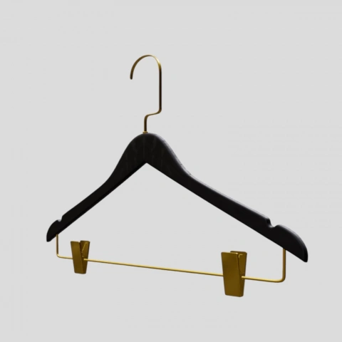 Siyah Ahşap Gold Lama Kancalı Maşalı Elbise Pantolon Askısı